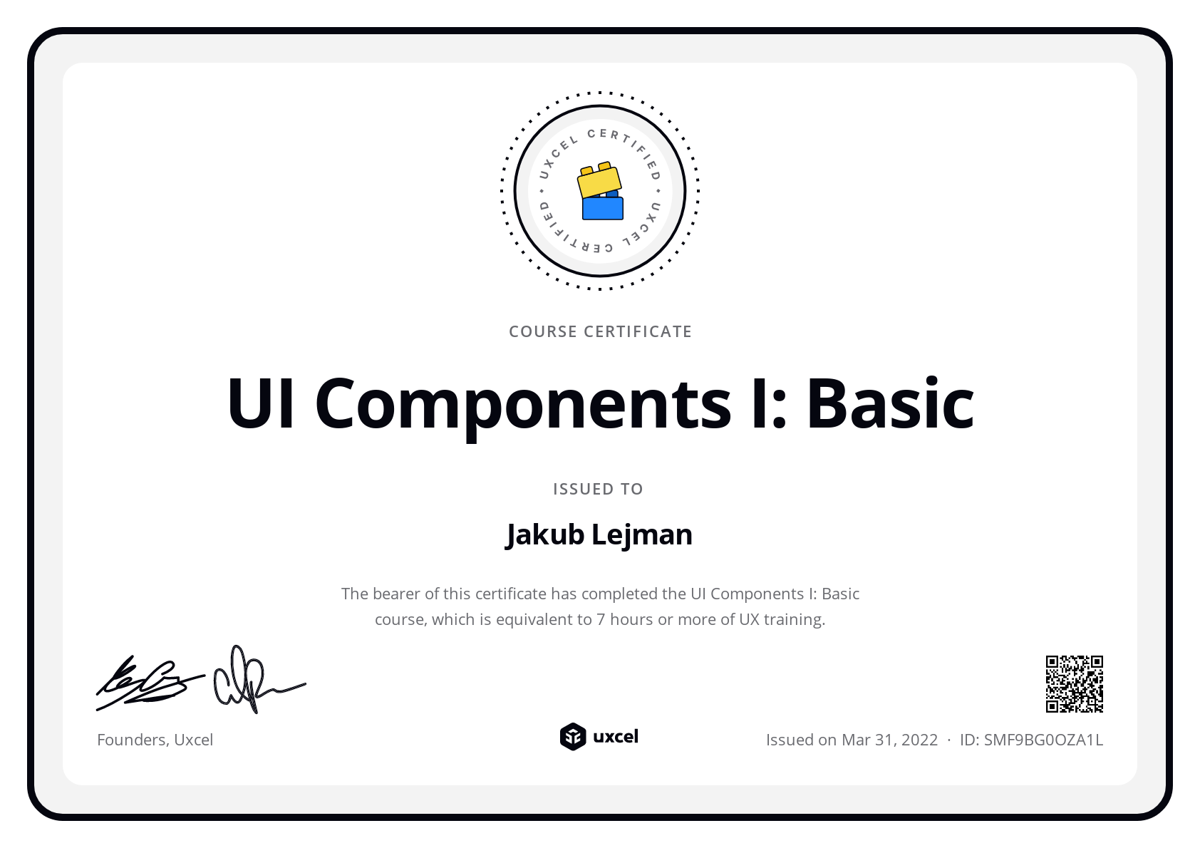 Jakub Lejman's certificate